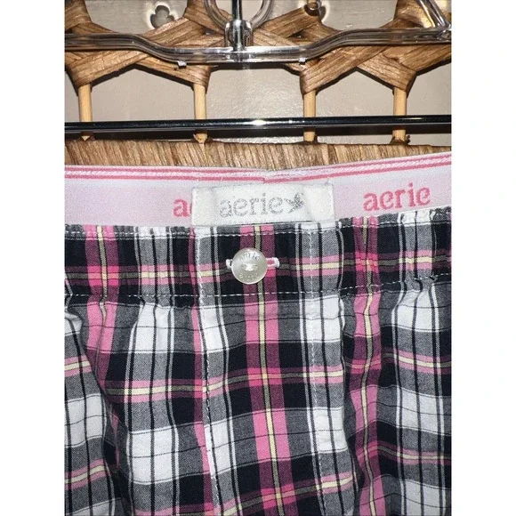 Y2K Aerie Brand Pink White Black Boxer Shorts Plaid Women's Size XL - Picture 2 of 6